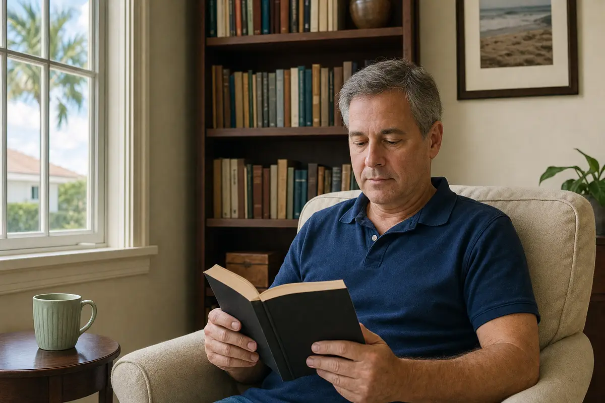 A man in a navy polo shirt sits in an armchair reading a book in a bookshelf-lined room, with a mug on the side table.