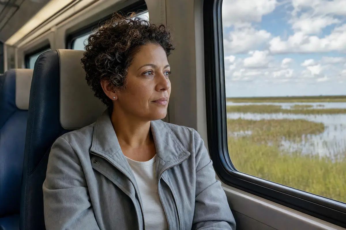A woman with short curly hair looks out of a train window at a marsh and a blue sky, with a thoughtful expression.
