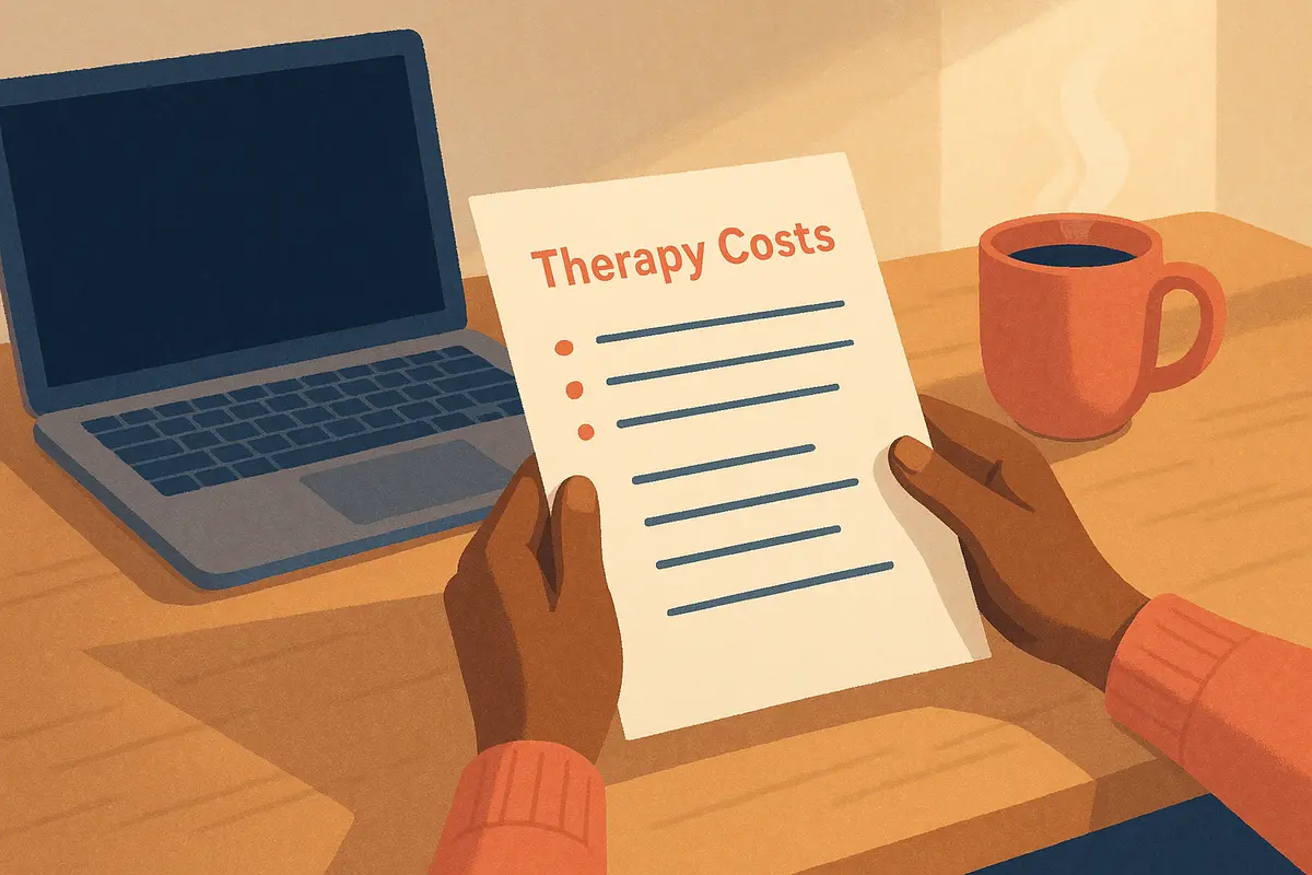 A calm, well-lit desk scene showing a person reviewing a simple, readable document about therapy costs alongside an open laptop and a cup of coffee — conveying clarity and approachability rather than stress or complexity. — how much does therapy cost