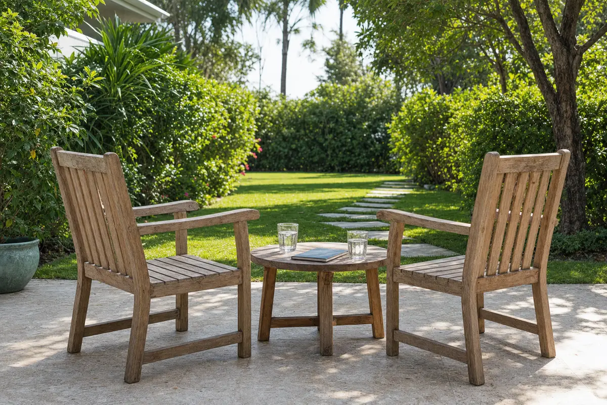 Two wooden chairs and a small round side table, with two glasses of water and a closed book on the table, sit on a sunny patio beside a lawn and green hedges. No people are present.