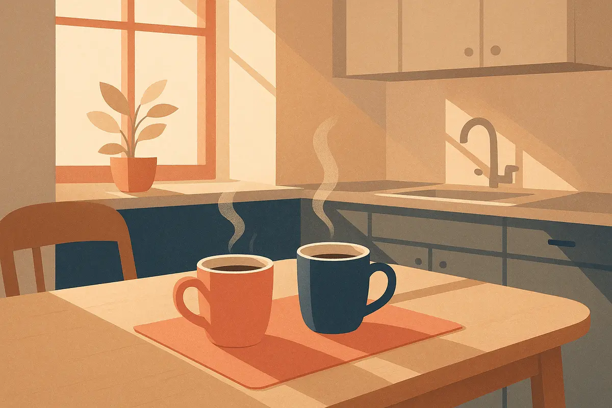 A softly lit kitchen table with two coffee cups in morning light