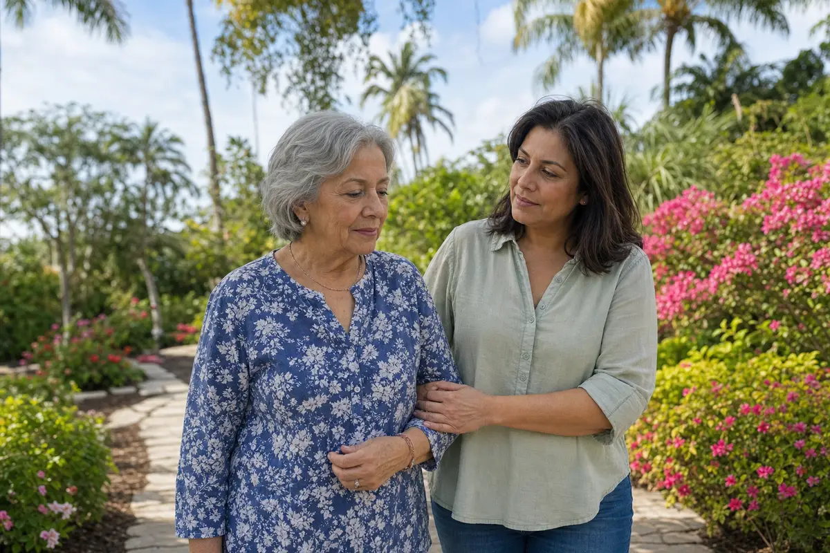 An older woman in a blue floral blouse and a younger woman walk arm in arm along a garden path lined with flowers.