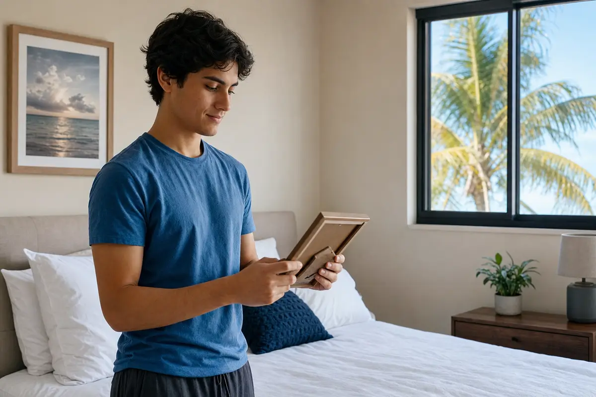A teenage boy in a blue T-shirt stands by a bed holding a framed photo, with a window and a palm tree behind him.