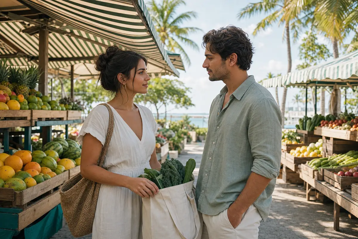 A man and a woman stand together at a farm stall with oranges and greens, talking, under a striped awning.