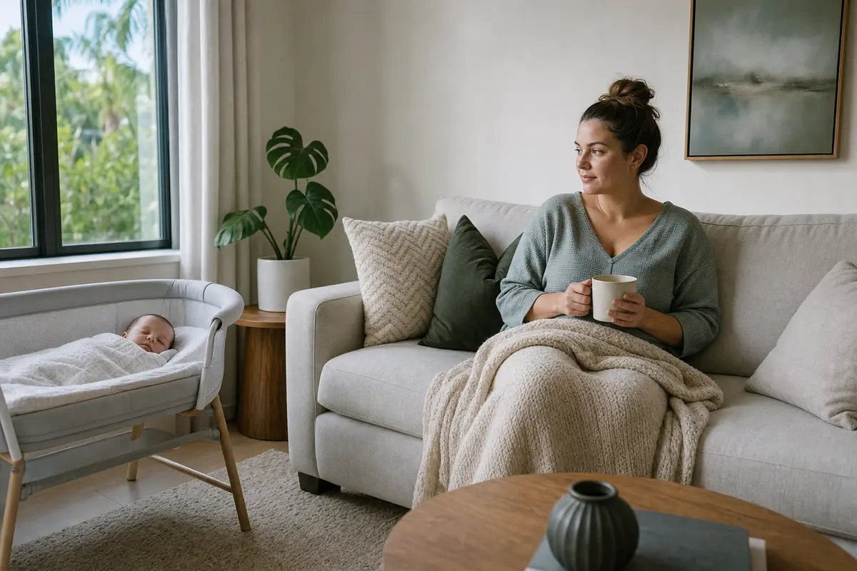 A woman sits on a grey sofa with a mug and a soft blanket, a bassinet beside her, looking off thoughtfully.