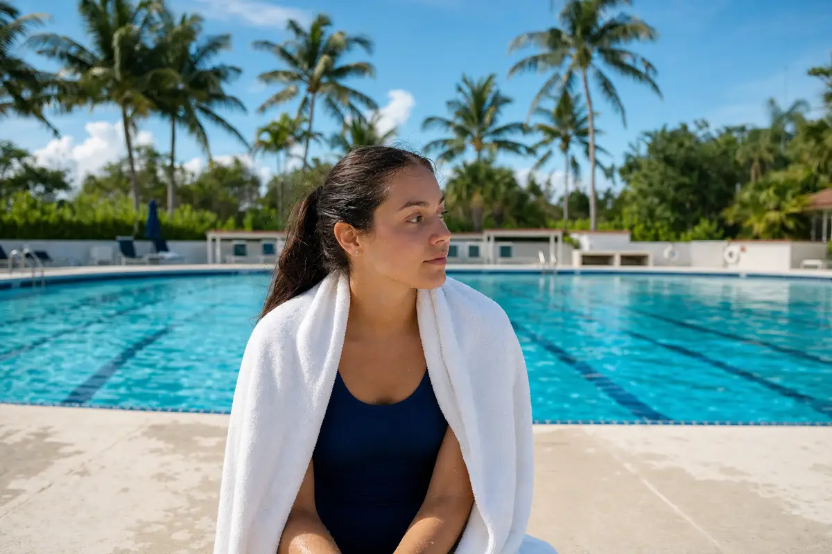 A young woman in a navy swimsuit with a white towel around her shoulders sits at the edge of an outdoor pool and looks across the water, with palm trees behind her.