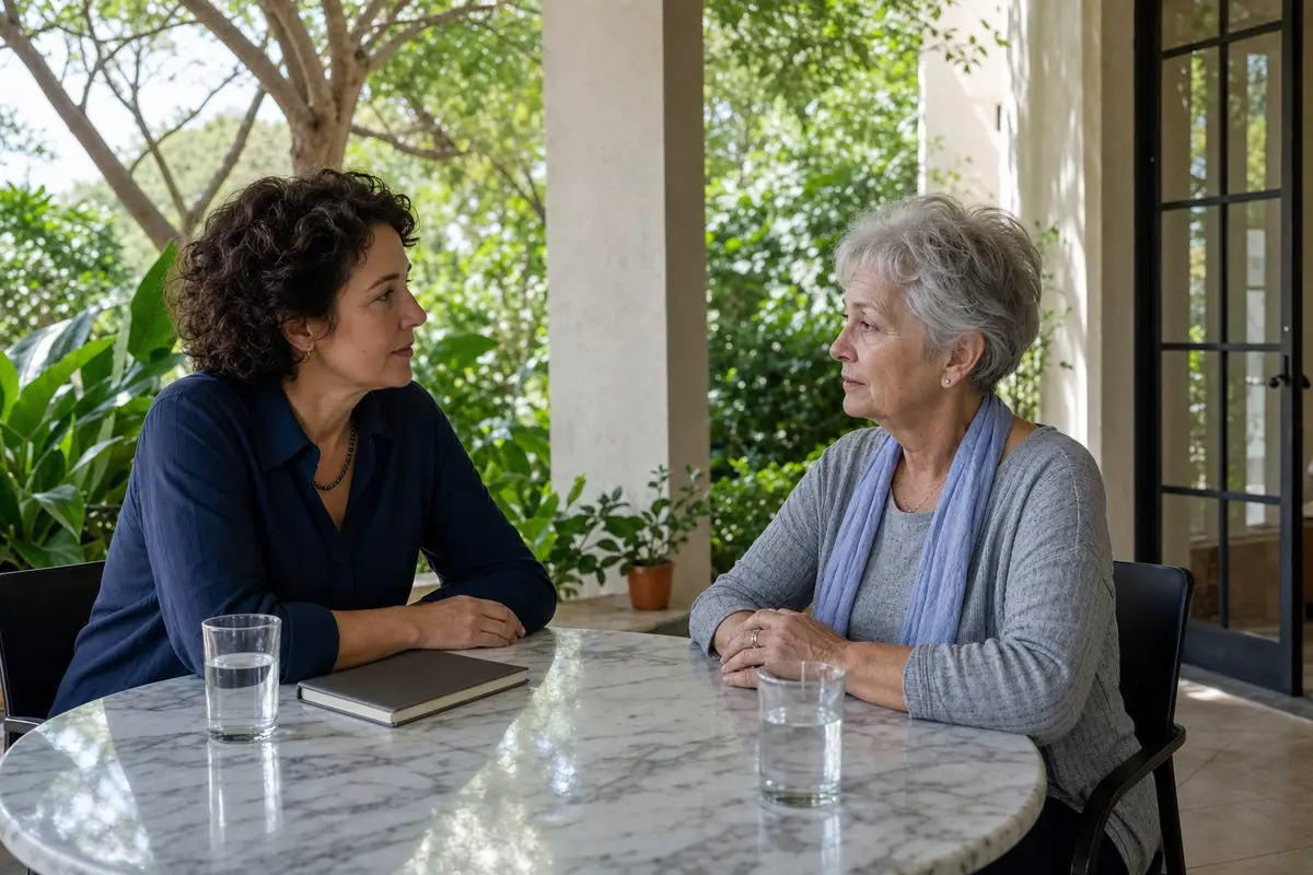 Two women sit across a marble table on a shaded terrace, one with dark curly hair in a navy blouse and the other with grey hair and a blue scarf, with water glasses and a closed notebook between them.