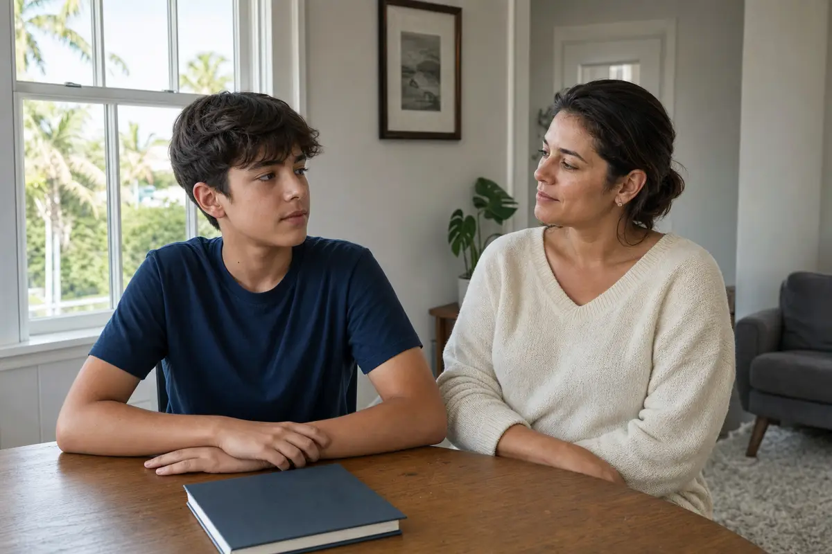 A teenage boy in a navy shirt and an adult woman in a cream sweater sit side by side at a wooden table by a window, with a closed notebook on the table.
