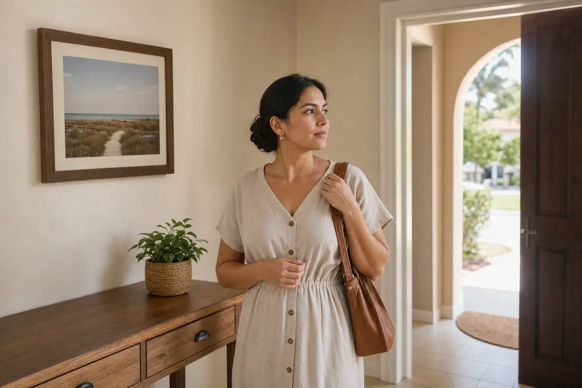 A woman in a linen button-front dress and a brown leather shoulder bag stands in a bright entryway, glancing calmly toward a window with palm trees outside, beside a framed beach photo and a potted plant on a wooden console.