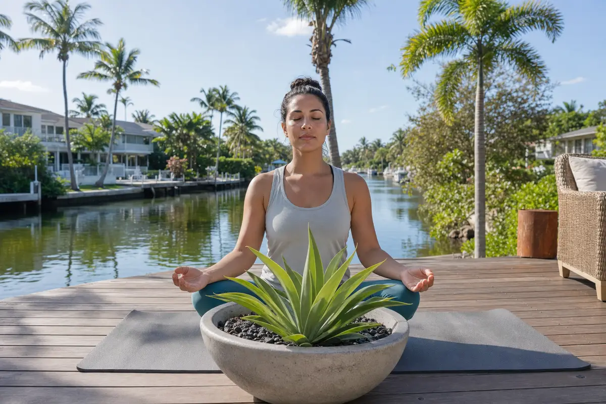 mindfulness / meditation — A woman sits cross-legged on a yoga mat on a wooden deck with her eyes closed, beside a planter, with a canal and palm trees behind her.