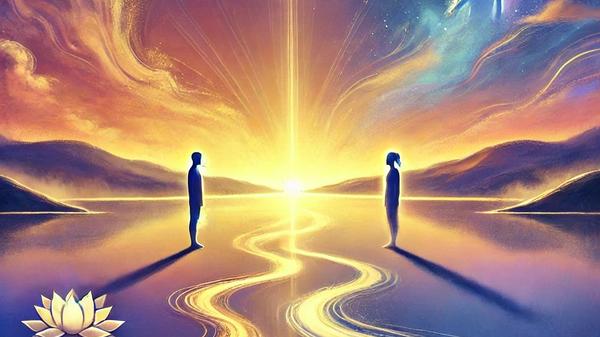 Illustration of two figures, one representing self-centered thinking with a focus on 'me' and another embodying empathy and connection, symbolizing the journey from ego to higher understanding