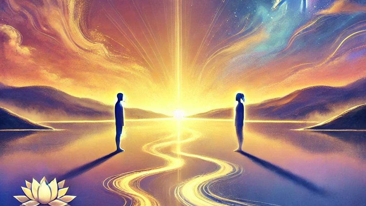 Illustration of two figures, one representing self-centered thinking with a focus on 'me' and another embodying empathy and connection, symbolizing the journey from ego to higher understanding