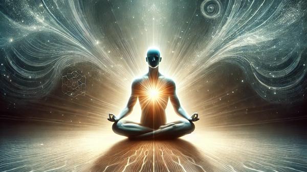 Serene and spiritual cover image depicting a human figure in a meditative pose, seated on a glowing platform. The background transitions from dark blues and purples at the bottom, symbolizing the subconscious, to lighter gold and white hues at the top, representing enlightenment and higher consciousness. Gentle rays of light emanate from the figure's heart, connecting with mystical symbols in the air, creating a peaceful and contemplative atmosphere.