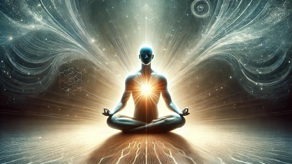 Serene and spiritual cover image depicting a human figure in a meditative pose, seated on a glowing platform. The background transitions from dark blues and purples at the bottom, symbolizing the subconscious, to lighter gold and white hues at the top, representing enlightenment and higher consciousness. Gentle rays of light emanate from the figure's heart, connecting with mystical symbols in the air, creating a peaceful and contemplative atmosphere.