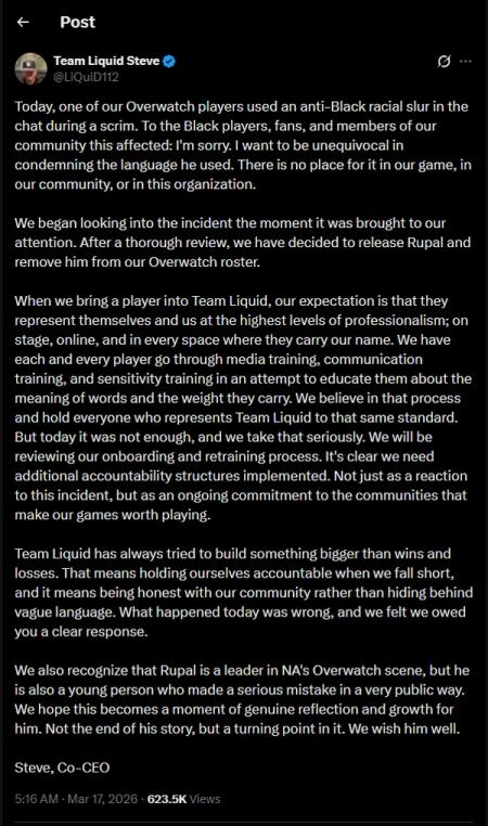 Team Liquid Co-CEO tweet on the incident