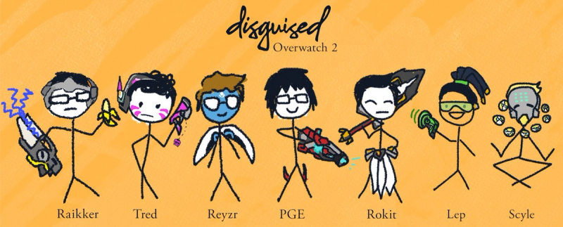 A doodle drawing of the Disguised Overwatch 2 roster.