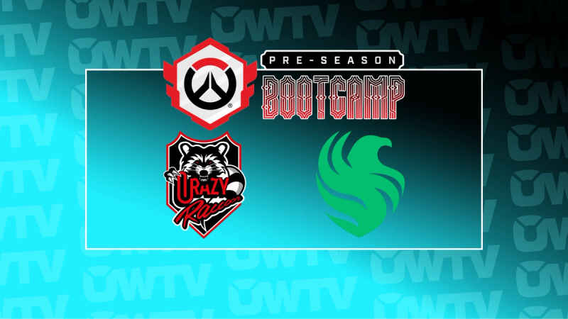 OWTV graphic featuring Crazy Raccoon and Team Falcons logos