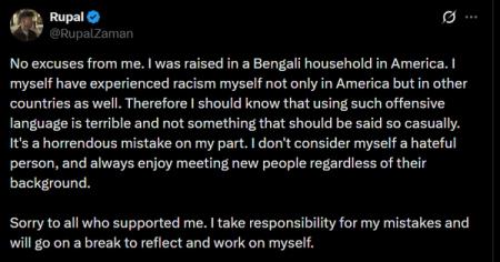 Rupal's apology tweet