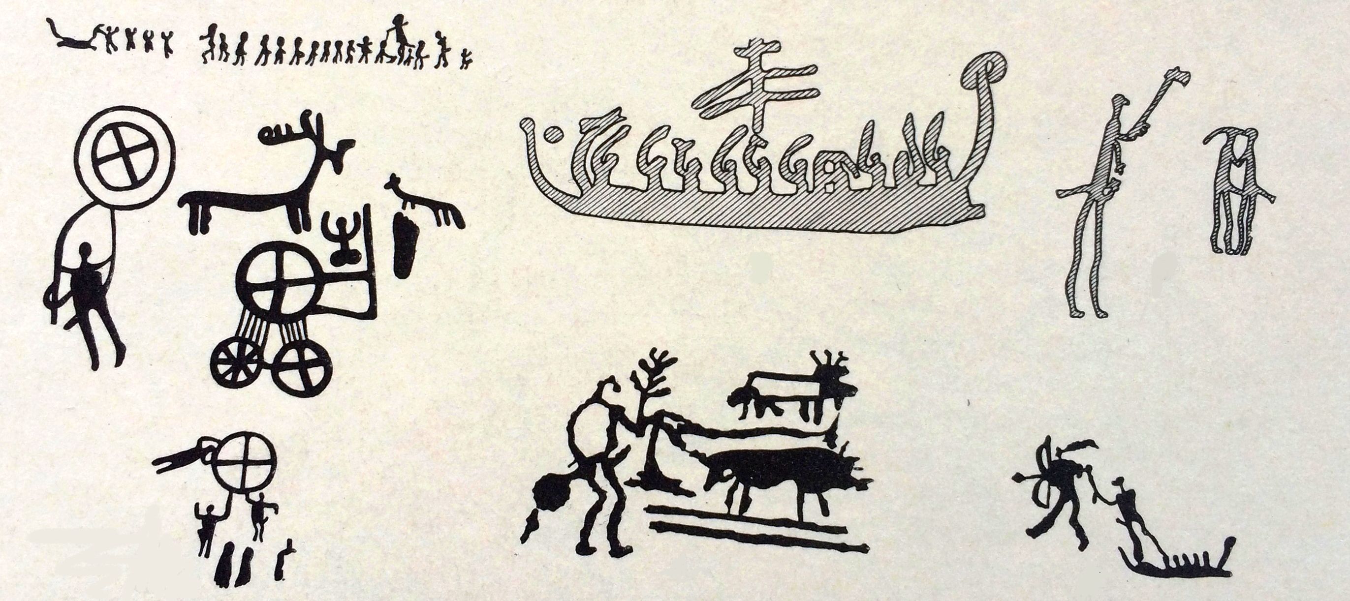 Հարավսկանդինավյան ժայռապատկերում սոլար-նկարներ են, վիկինգների դրաքքար, հողի մշակման դրվագ, ծիսական հարսանիք, աղեղնավորի ու տեգահարի մենամարտ և այլն 