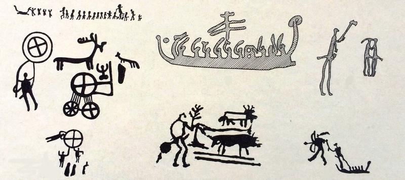 Հարավսկանդինավյան ժայռապատկերում սոլար-նկարներ են, վիկինգների դրաքքար, հողի մշակման դրվագ, ծիսական հարսանիք, աղեղնավորի ու տեգահարի մենամարտ և այլն