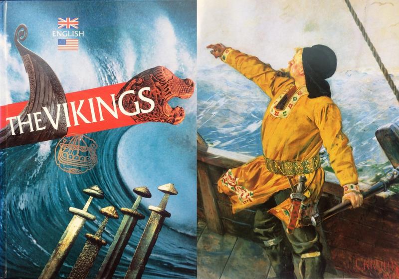 Bildet viser omslaget til boken Vikings og Leif Eriksons bilde fra 1893. fig. Utdrag fra Kroghs lerret