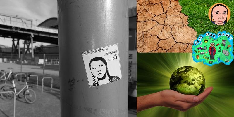 Պատկերված է շվեդ բնապահպանուհի Գրետա Թունբերգը և երկրի փրկության կոչեր են