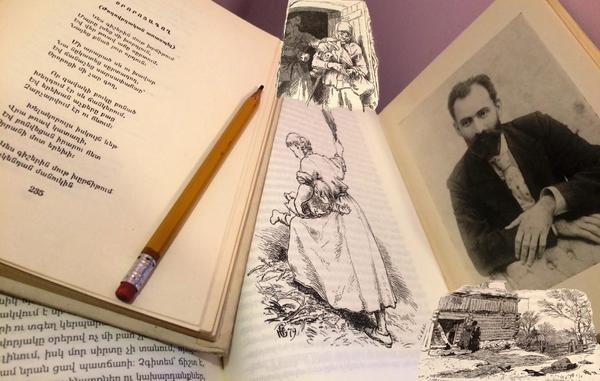 På bildet ser vi en bok med norske eventyr, to av Tumanyans bøker og en blyant.