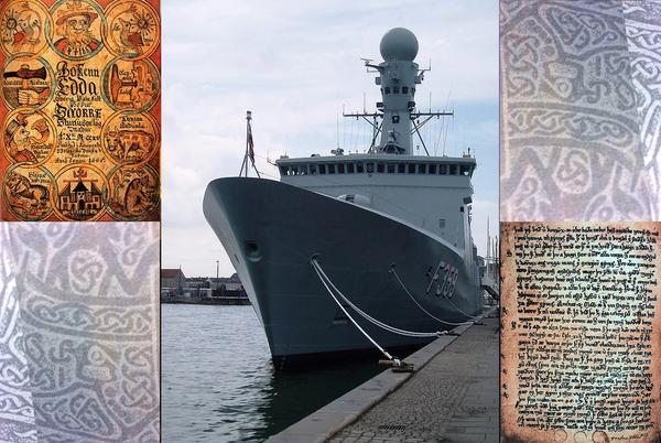 Նկարում պատկերված են էդդայական ձեռագրեր և դանիական Վեդերեն ռազմական նավը՝ Կոպենհագենի Ամալիեկայ նավահանգստում: