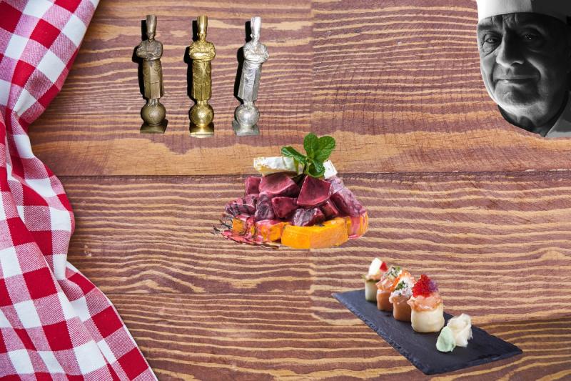 Աջ անկյունում Փոլ Բոքյուզն է, ձախ կողմում Ոսկե Բոքյուզ-ի մրցանակներն են, մեջտեղում և ներքևում ուտեստներ են