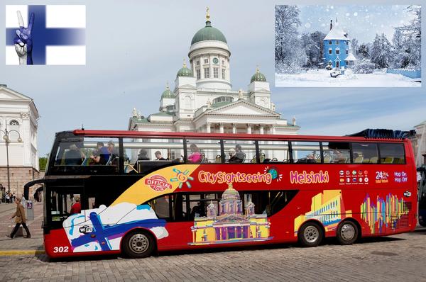 Det er Helsinki, turistbuss, finsk vinterlandskap og nasjonalflagg.