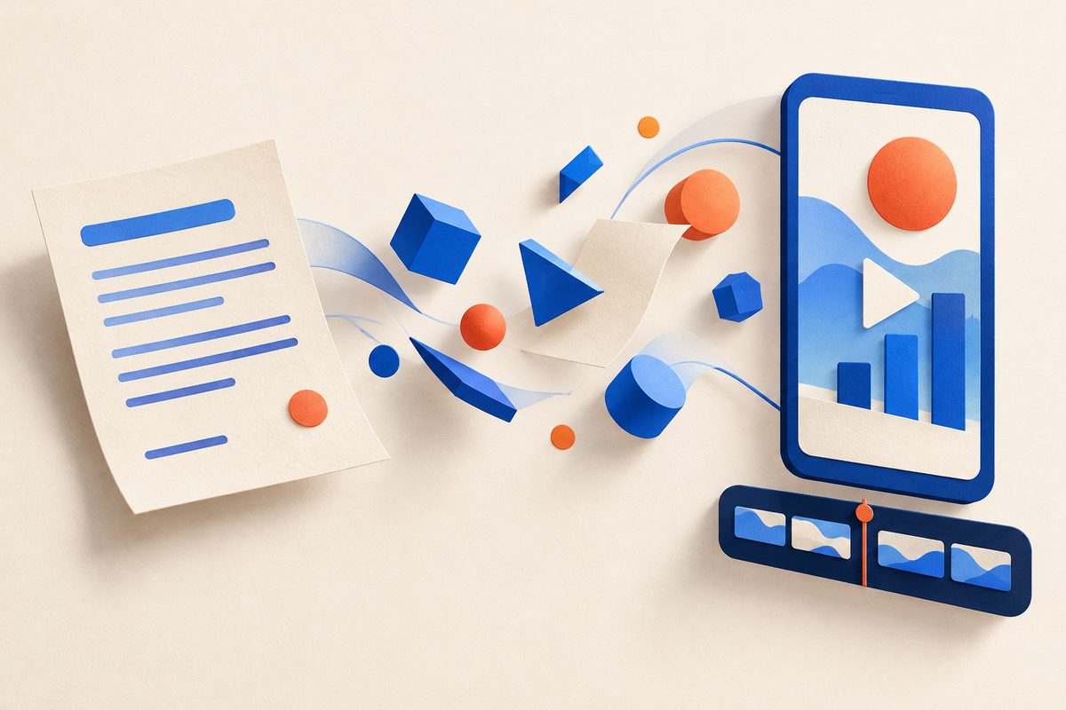 Original illustration of a written brief transforming through blue geometric shapes into a vertical explainer video.