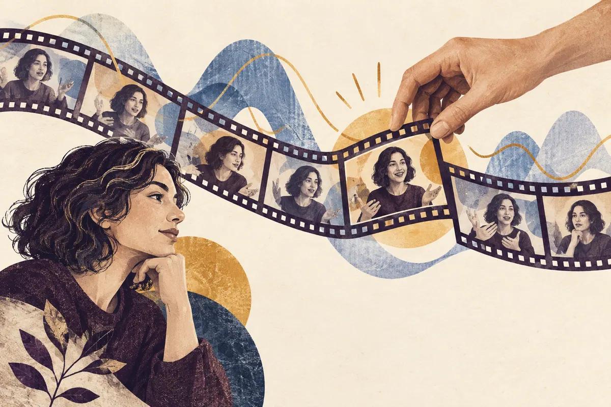 Illustration of a creator reviewing a sequence of talking-head film frames and selecting one moment by hand.