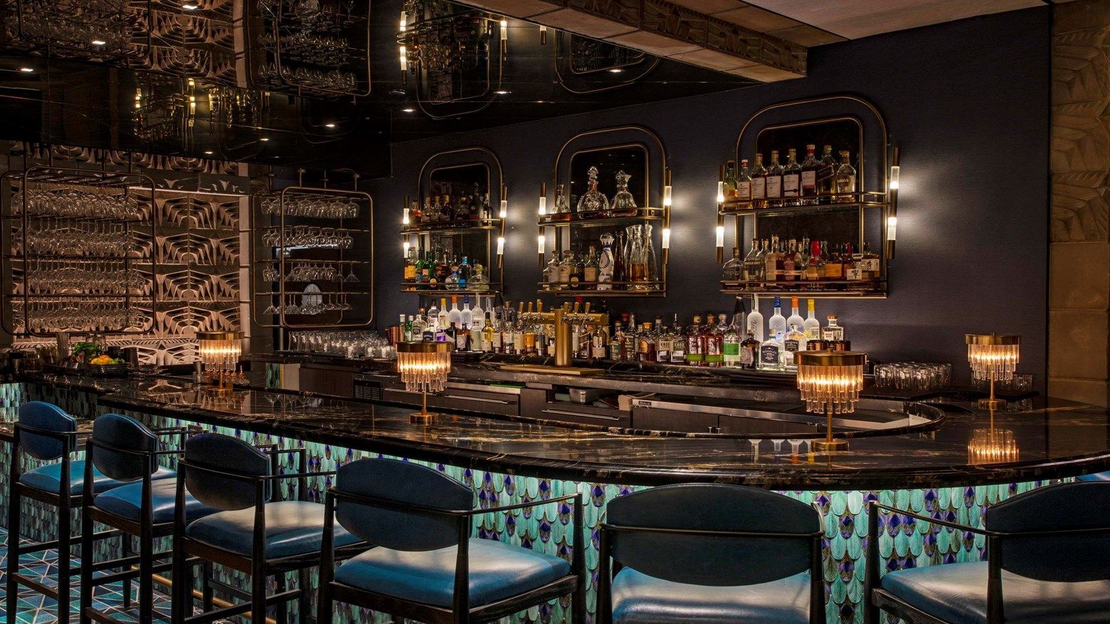 The Biltmore's elegant bar with crystal chandeliers