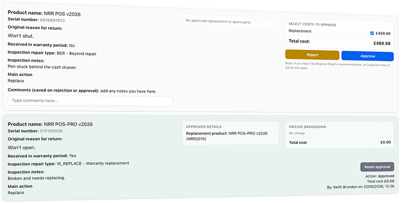 Customer approval report showing inspection results and costs - TrackQUAL