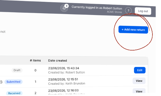 The 'Add new return' button in TrackQUAL