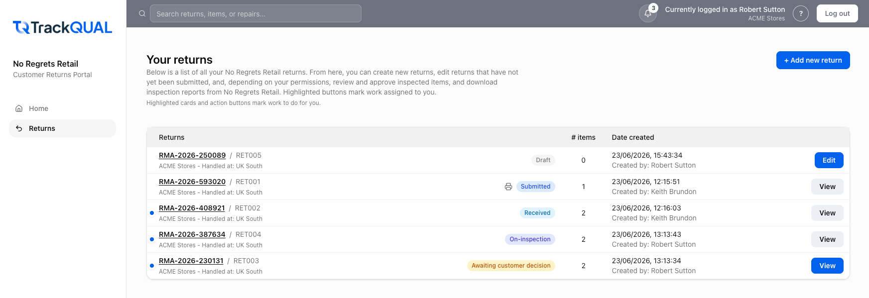 Customer returns list page - TrackQUAL