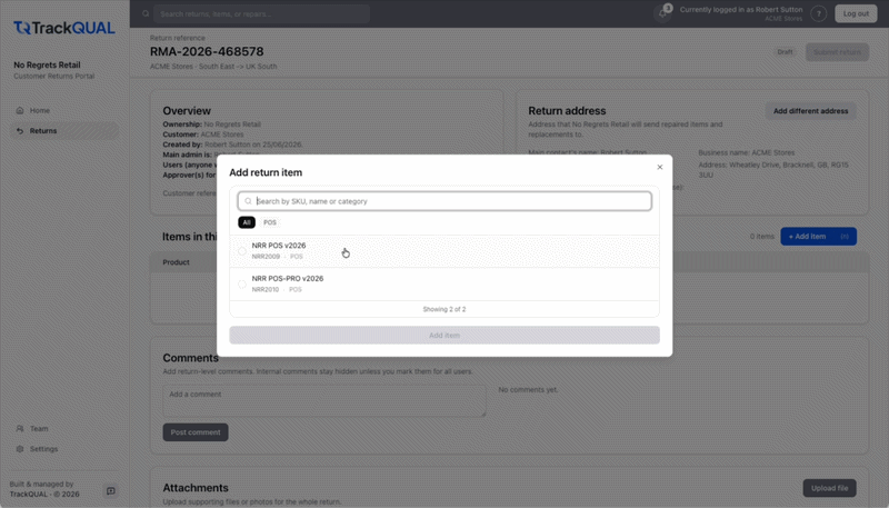 Adding items to a return - TrackQUAL