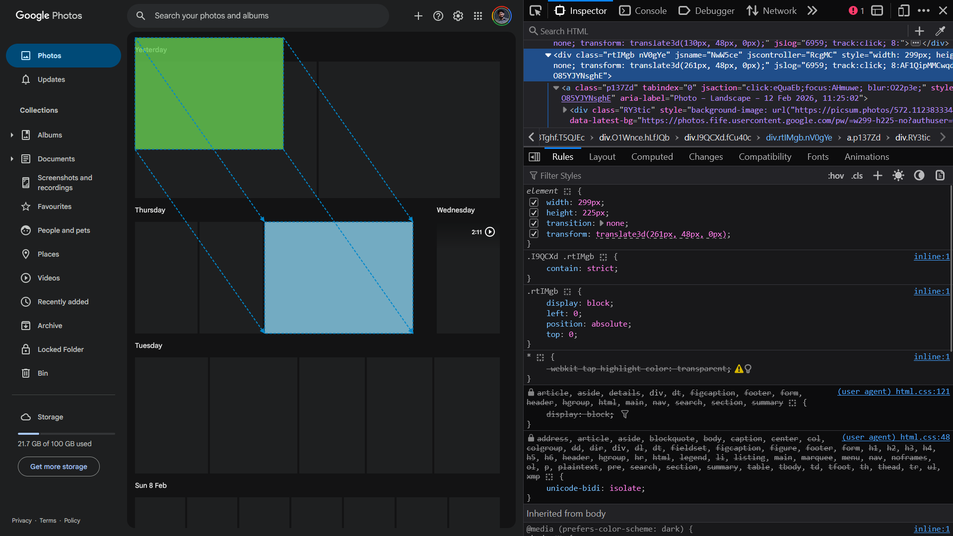 Image of dev tools showing translate3d being used and on the left the browser reflecting the layout space (green) and visual space (blue)