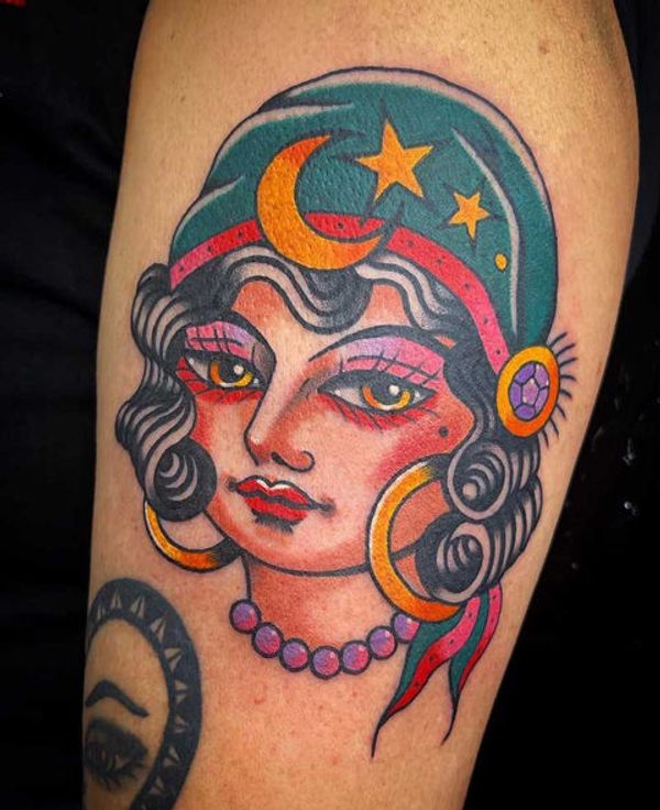 Female portrait, Crescent moon, Stars