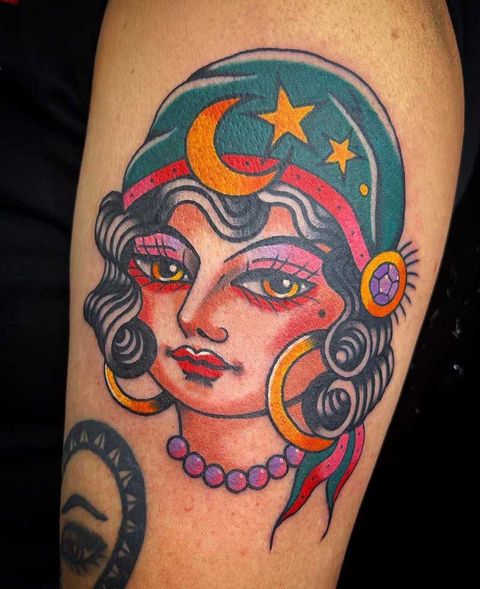 Female portrait, Crescent moon, Stars