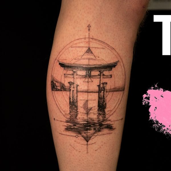 Torii gate, Water, Mountains, Geometric elements