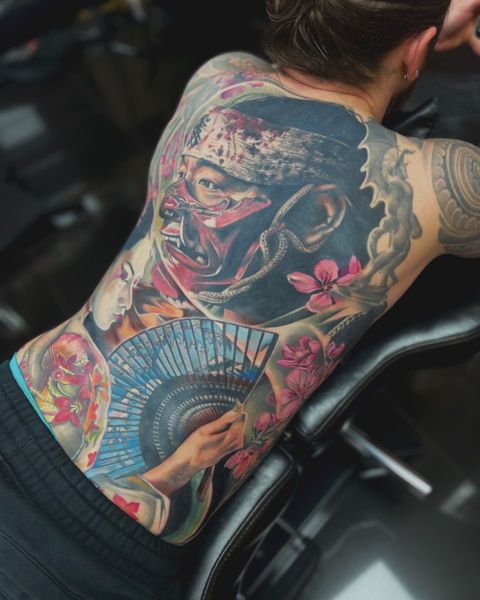Female portrait, Mask, Folding fan, Cherry blossoms