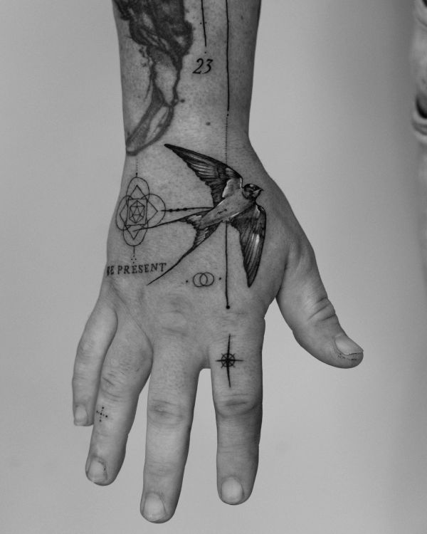 Swallow, Compass, Lettering phrase 'Be Present'