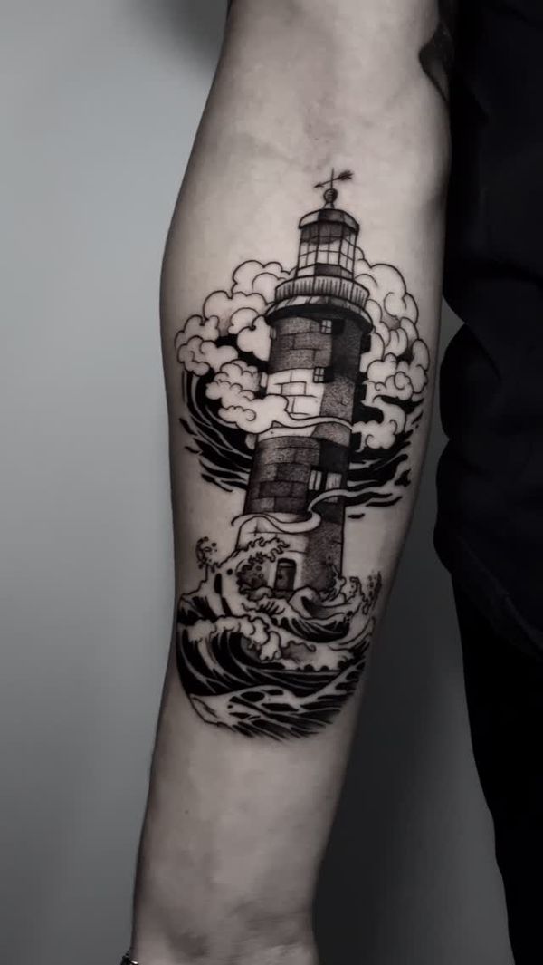 Lighthouse, Clouds, Waves