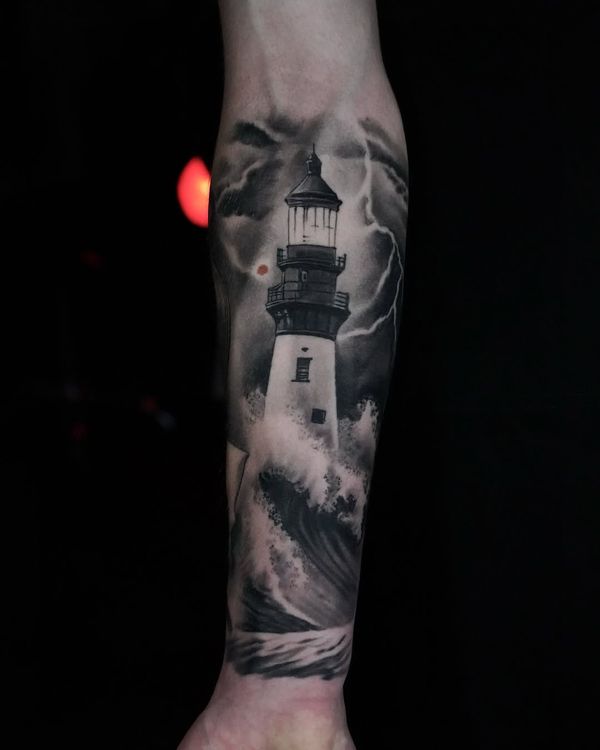 lighthouse, waves, storm clouds