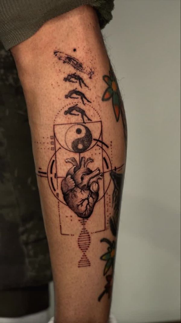 Anatomical heart, Yin Yang, Hands, DNA helix