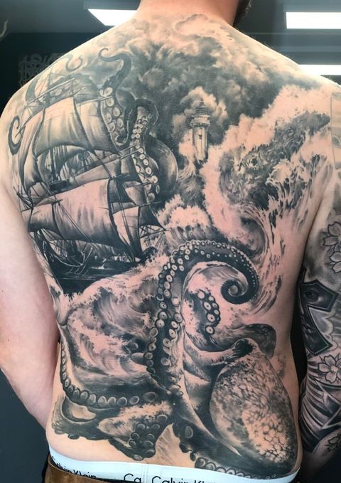 Ship, Octopus, Lighthouse, Waves, Sea
