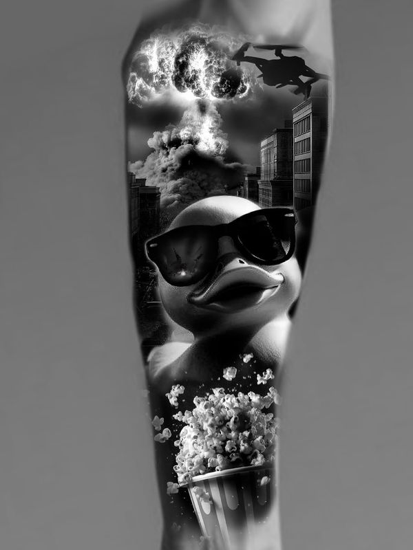 Duck, Sunglasses, Popcorn, Mushroom cloud, Cityscape, Helicopter