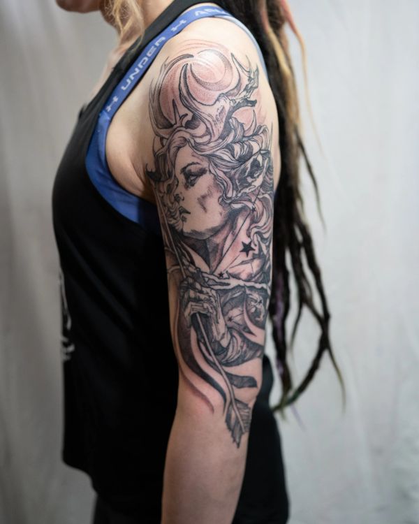 Female face, Skeleton hand, Antlers, Stars