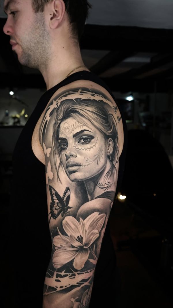 woman portrait, butterfly, flower